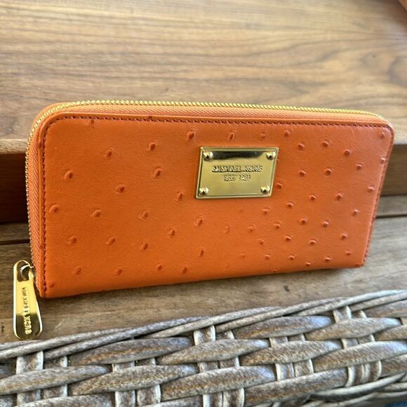 Michael Kors Orange Leather Ostrich Embossed Wallet - Picture 2 of 7